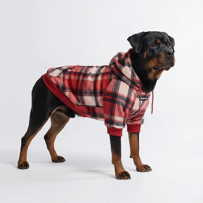 Spark Paws Dog Hoodie – Premium Dog Sweater for Small, Medium, and Large Dogs | Warm Outfits for French Bulldogs, Pitbull, Puppy, Winter Jacket Alternative - Red Plaid, 5XL
