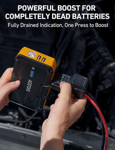 AstroAI S8 Car Battery Jump Starter, Car Jumper Starter Battery Pack for Up to 6.0L Gas & 3.0L Diesel Engines, 12V Portable Jump Box with 3 Modes Flashlight and Jumper Cable(Yellow)