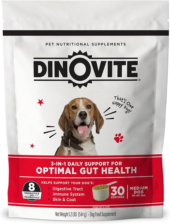 Dinovite Probiotics for Dogs, Probiotic Powder Food Topper for Medium Dogs (18-45 lb), Daily Digestive Health & Skin Support with Omega-3s, 30 Servings