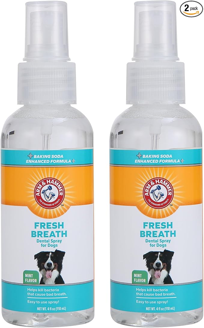 Arm & Hammer for Pets Dog Oral Care Spray Mint Flavor Breath Freshener Baking Soda Plaque Tartar Support Brushless Dental Maintenance 4 FL OZ 2 Pack
