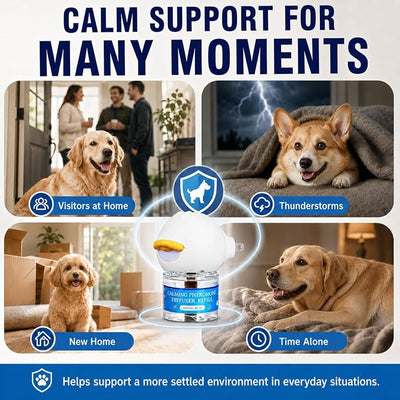 Dog Calming Diffuser, Dog Pheromone Diffuser for Dogs, Plug-in Calming Kit for Barking, Chewing, Pee Accidents, Thunderstorms, Travel & New Home, 700 Sq Ft, 1 Plug-in + 2 Refills