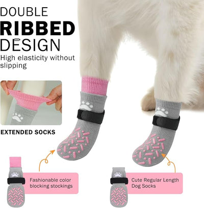 SCENEREAL Dog Socks to Prevent Licking Paws for Hot/Cold Pavement, Anti Slip High Top Dog Grip Socks for Hardwood Floors, Dog Shoes Booties&Paw Protector for Small Medium Large Senior Dog, Pink L