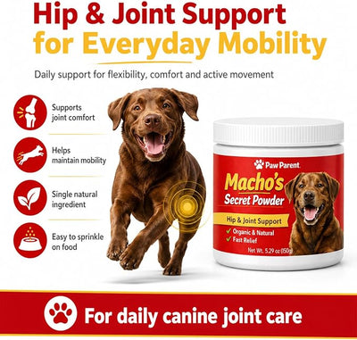 HappyWags Paw Parent Macho's Secret Powder,Paw Parent Hip & Joint Support Powder for Dogs,Contains Green Lipped Mussels, Which Improve Joint Flexibility and Bone Health in Dogs.(1pc)