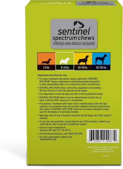 SENTINEL SPECTRUM Chews for Dogs, 8.1-25 lbs, 6 Chews, 6-Month Supply, Green Box