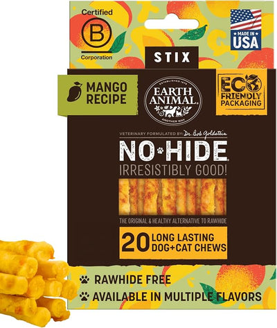 Earth Animal No Hide Stix - Long Lasting Rawhide Free Small Dog Chews Sticks, Mango - 20 Count Value Pack