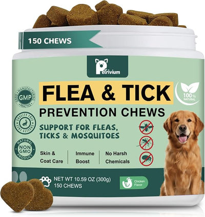 Dogs Flea and Tick Prevention Treatment Chewable, Natural Soft Chew for Fleas Ticks Treatment Support Supplement - Oral Flea Pills- Flea and Tick Chews - All Breeds & Sizes - 150 Soft Treats (Chicken)