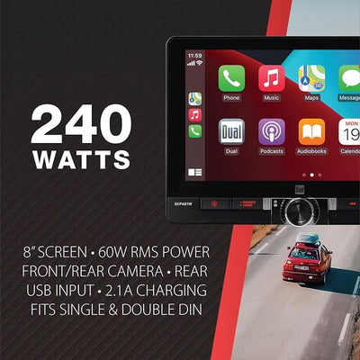 Dual Electronics DCPA81W 8" Wireless CarPlay Android Auto Single/Double DIN | Fits single or double DIN, 8-inch touchscreen, certified wireless CarPlay, front & rear camera inputs, Bluetooth,USB charging