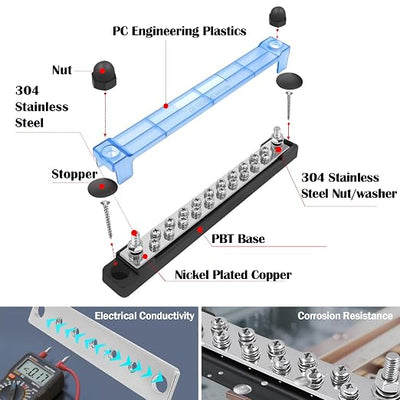 LENKRAD 20 Power/Ground Distribution Block, Marine Bus Bar 12V Waterproof 150A Battery Terminal Junction Block for Automotive RV Solar Wiring, Boat Bus Bar Kit 2 x M6 Posts, 20 x M4 Terminal Screws