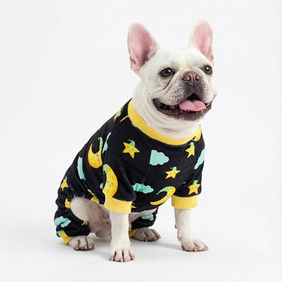 Fitwarm Moon and Stars Dog Fleece Pajamas, Cozy Winter Clothes for Small Dogs Boy Girl, Funny Pet Outfit, Black, Yellow, Large