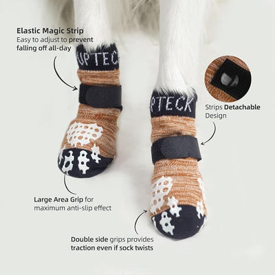 PUPTECK Anti-Slip Dog Socks with Double Sides Grips for Small Medium Large Dogs Hardwood Floors Prevents Licking, Dog Shoes for Hot Pavement Traction Control Paw Protector for Senior Dogs, Khaki S