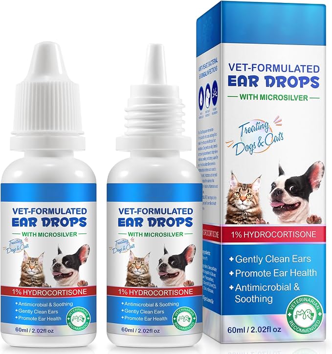 VOSIFSDIY Dog Cat Ear Infection Treatment Drops, Pets Ear Cleaning Drops with 1% Hydrocortisone for Dog & Cats Yeast Infection, Itchy Ear Relief, Pet Ear Care Supplies for Dogs & Cats -2fl oz(2PCS)