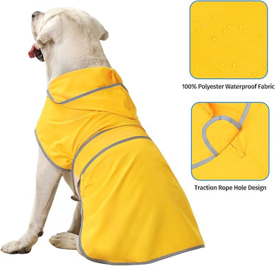 Dog Raincoat for Large Dogs Waterproof Jacket Hooded Rain Coats with Reflective Strips Leash Hole & Poncho Adjustable Fit (Yellow,XXL)