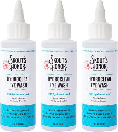 SKOUT'S HONOR HydroClear Eye Wash with Hyaluronic Acid, 4oz Bottle - Non-Medicated, Daily Eye Care for Dogs & Cats, 3-Pack