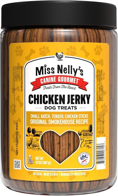 Miss Nelly's - Chicken Jerky Dog Treats - Soft Sticks - USA Made and Sourced - Original Smoke House Recipe - Small Batch Chicken Jerky for Dogs - Minimally Processed - 32 oz. Jar
