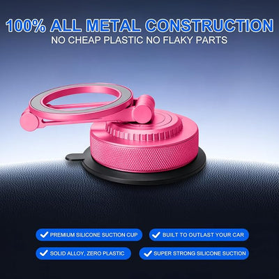 All-Metal Alloy Magnetic Suction Cup Car Phone Mount Holder Dash (Pink) | Strong Powerful Magnetic Heavy-Duty Suction Cup Windshield Dashboard Cell Mobile Phone Mount, Vehicle Bracket Holder for Car
