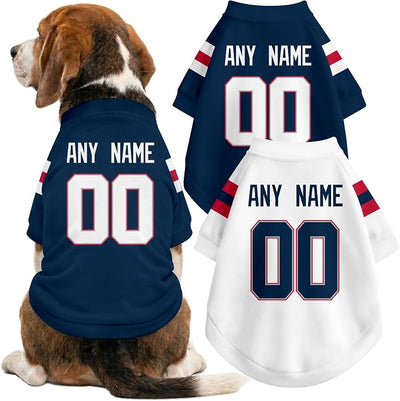 New England Dog Clothes Jersey Style Personalized Pet T Shirt with Custom Name Number for Small Medium Large Dogs
