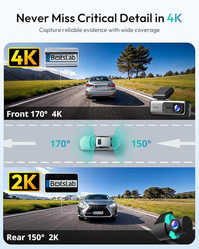 BOTSLAB 4K Dash Cam Front and Rear, 170° Ultra Wide Car Camera, 4K+2K Dashcam with ADAS, Night Vision, 24/7 Parking Mode, STARVIS Sensor, WDR, 5.8GHz WiFi, Built-in GPS, Loop Recording (No SD Card)