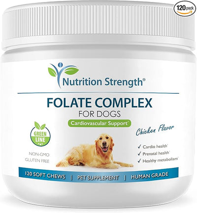 Folate for Dogs to Promote Cardiovascular & Prenatal Health, Support DNA Synthesis & Cell Maintenance, Folic Acid for Dogs with Zinc, Biotin, Iron & Vitamin B12, 120 Soft Chews