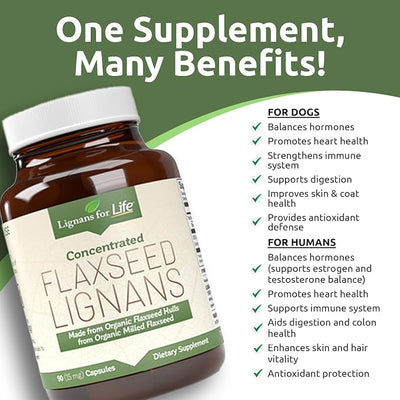 Lignans For Life Flaxseed Lignans for Dogs & People - Organic Flaxseed Supplement for Hormone Support, 15mg 90 Capsules, Flax Seed for Dogs & Women, High-Fiber