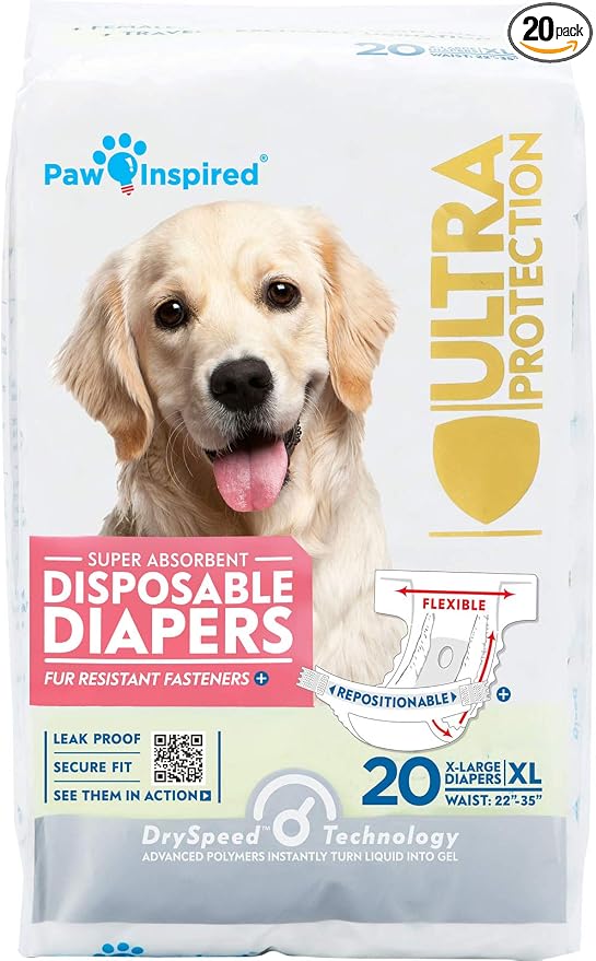 Paw Inspired 20ct Disposable Dog Diapers | Female Dog Diapers Ultra Protection | Diapers for Dogs in Heat, Excitable Urination, or Incontinence (X-Large)