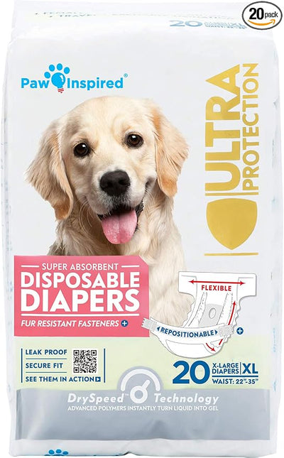 Paw Inspired 20ct Disposable Dog Diapers | Female Dog Diapers Ultra Protection | Diapers for Dogs in Heat, Excitable Urination, or Incontinence (X-Large)