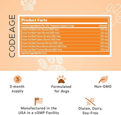 DNA PET Happy Healthy Organs & Glands Supplement for Dogs, Freeze-Dried Raw Grass-Fed Beef Liver Heart Kidney Spleen Pancreas Bone Marrow, Bovine Thymus Multi Organ Powder, Canine Vitamins, 3 oz