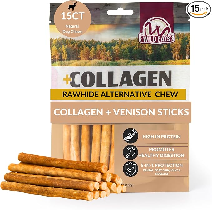 Wild Eats Venison Collagen Sticks for Dogs (15 Pack, 1 cm Wide) Long Lasting Dog Chews No Hide Dog Treat Bully Stick Alternative, Rawhide Free, Grain Free, High Protein