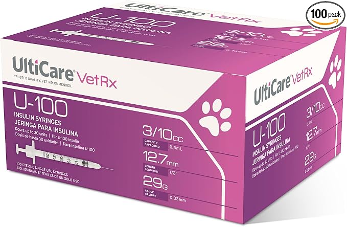 UltiCare VetRx U-100 Pet Insulin Syringes, Comfortable and Accurate Dosing of Insulin for Pets, Compatible with Any U-100 Strength Insulin, Size: 3/10cc, 29G x 1/2’’, 100 ct Box