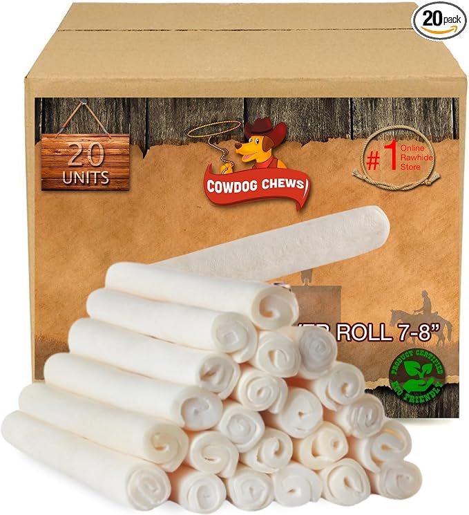 Cowdog Chews Beefhide Roll (7-8 inch) Long Lasting Dog Treat Bone, Great for Dental Health and Aggressive Chewers (20 Count)