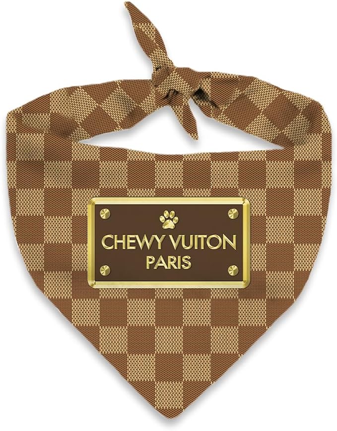 Dog Bandana Chewy Vuiton Checker Designer Fashion Clothes Scarf kercheif for Small Medium and Large Dogs. Funny Parody Gift for Girl or boy Dog Soft Durable Fabric, Adjustable tie-on Style Triangle