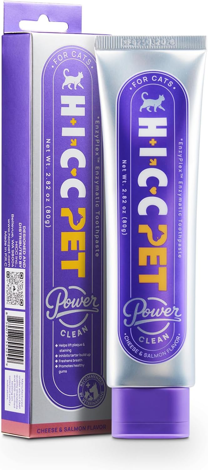 HICC PET 4-Enzymatic Cat Toothpaste - EnzyPlex™ Power Clean Toothpaste for Plaque & Tartar Control - Professional Feline Dental Care for Fresh Breath & Healthy Gums - Cheese & Salmon Flavor, 2.82 oz