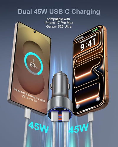 90W Car Charger USB C, [2Pack] Besgoods Dual 45W USB C iPhone 17 Pro Max Fast Charging Cigarette Lighter Adapter with 6ft Type C Cable for iPhone 16 15 Galaxy S26 S25 Ultra S24 S23