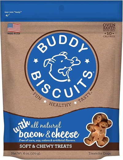 Pet Faves Buddy Biscuits Soft & Chewy Treats for Small & Large Dogs, Grilled Beef, Roasted Chicken, Bacon & Cheese Peanut Butter with 10ct Wipes (2 Grain Free 5oz, 2 Healthy Whole Grain 6oz)