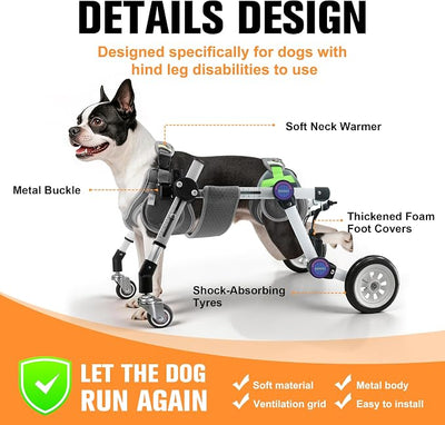 Dog Wheelchair 4 Wheels Adjustable, Full Body Support Dog Cart for Front & Rear Legs, Lightweight Mobility Aid for Small Dogs