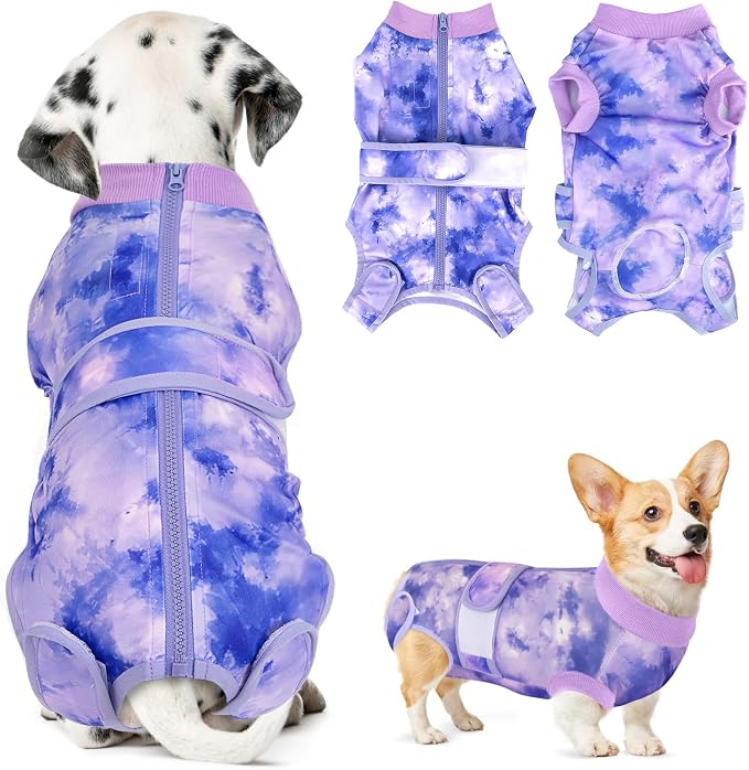 SlowTon Dog Surgery Recovery Suit - Zipper On Dog Onesies After Surgery for Female Male Dogs, Abdominal Wounds Bandages Cone/E-Collar Alternative Surgical Body Suit Shirt (Purple - Tie Dye,XL)