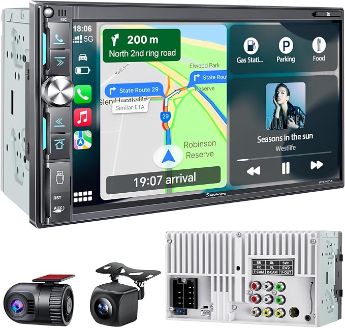 QLED Double Din Car Stereo with Dash Cam & Backup Camera, Wireless Apple CarPlay & Android Auto, Bluetooth, 4.2-Ch 2 Subwoofers Outputs, 7 inch Touchscreen, MirrorLink, FM/AM Radio