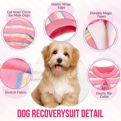 Lukovee Recovery Suit for Dogs, Onesie Surgery Recovery Suit for Female Male Dogs, Abdominal Wounds Cone E-Collar Alternative Prevent Licking Spay Recovery Suit (Pink Stripes,S)