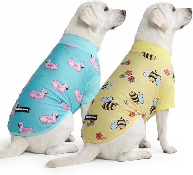 Spark Paws Sunblock Dog T-Shirt, SPF30 Protection, Lightweight Breathable Quick Dry for Dogs with Sensitive Skin - Bees & Flamingo (Set of 2) - Size 2XL