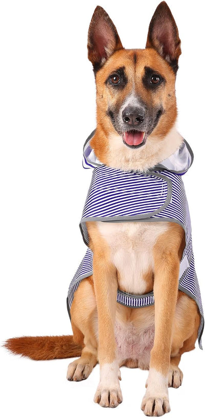 Dog Raincoat for Large Dogs Puppies Waterproof Jacket Hooded Rain Coats with Reflective Strips Leash Hole & Poncho Adjustable Fit (Bluestripe,XXL)