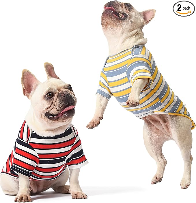 Dog Shirts Cotton Striped T-Shirt, Summer Pet Clothes for Small Dogs, 2-Pack Soft Puppy Apparel Cat Tee, Breathable Stretchy, Red Yellow XL