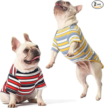 Dog Shirts Cotton Striped T-Shirt, Summer Pet Clothes for Small Dogs, 2-Pack Soft Puppy Apparel Cat Tee, Breathable Stretchy, Red Yellow XL