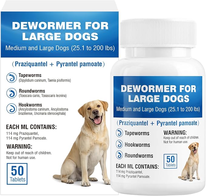 De-Wormer for Dogs, Oral Treatment of Tapeworm, Roundworm & Hookworm, Worm Remover (Praziquantel & Pyrantel Pamoate), Wormer Tablets for Medium and Large Dogs, 50 Pieces
