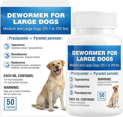 De-Wormer for Dogs, Oral Treatment of Tapeworm, Roundworm & Hookworm, Worm Remover (Praziquantel & Pyrantel Pamoate), Wormer Tablets for Medium and Large Dogs, 50 Pieces