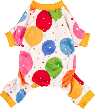 Fitwarm Balloon Dog Fleece Pajamas, Birthday Outfit for Small Dogs Boy Girl, Cozy Pet Onesie with Feet, White, Yellow, Red, Blue, Green, Small