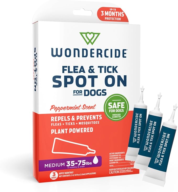 Wondercide - Flea & Tick Dog Spot On - Flea, Tick, and Mosquito Repellent, Prevention for Dogs with Natural Essential Oils - Up to 3 Months Protection - Medium 3 Tubes of 0.10 oz