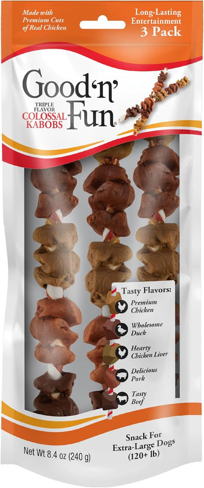 GOOD 'N' FUN Triple Flavor Colossal Kabobs, Treat Your Extra-Large Dog to Long-Lasting Rawhide Chews, 3 Count