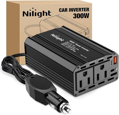 Nilight 300W Power Inverter 12V DC to 110V AC Car Converter with PD 65W USB C & QC3.0 for Phones Tablets Laptop Computer Game Console Kindle iPad DVD Players Black