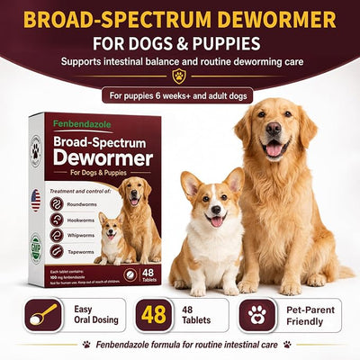 Dog Dewormer for Dogs & Puppies, Fenbendazole All Wormers Tablets for Tapeworms, Roundworms, Hookworms & Whipworms, 48 Count