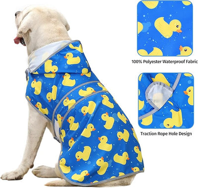 Dog Raincoat for Large Dogs Waterproof Jacket Hooded Rain Coats with Reflective Strips Leash Hole & Poncho Adjustable Fit (ShinyDuck,XL)
