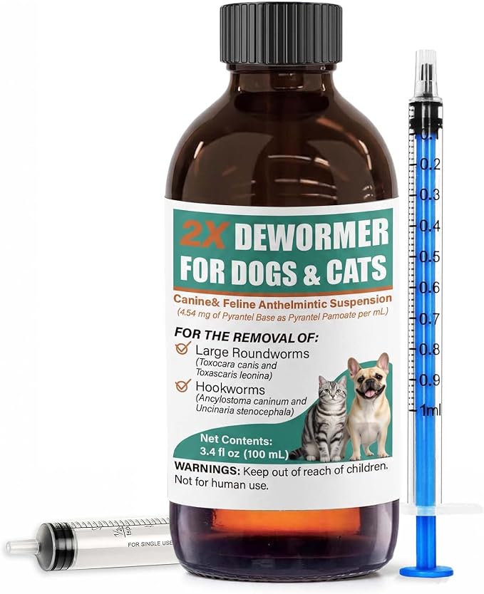 Liquid Dewormer 2X for Dogs & Cats, Pyrantel Pamoate Oral Liquid for Large Roundworms & Hookworms, Easy-to-Give Formula for Puppies & Kittens 2 Months & Older, 100 mL